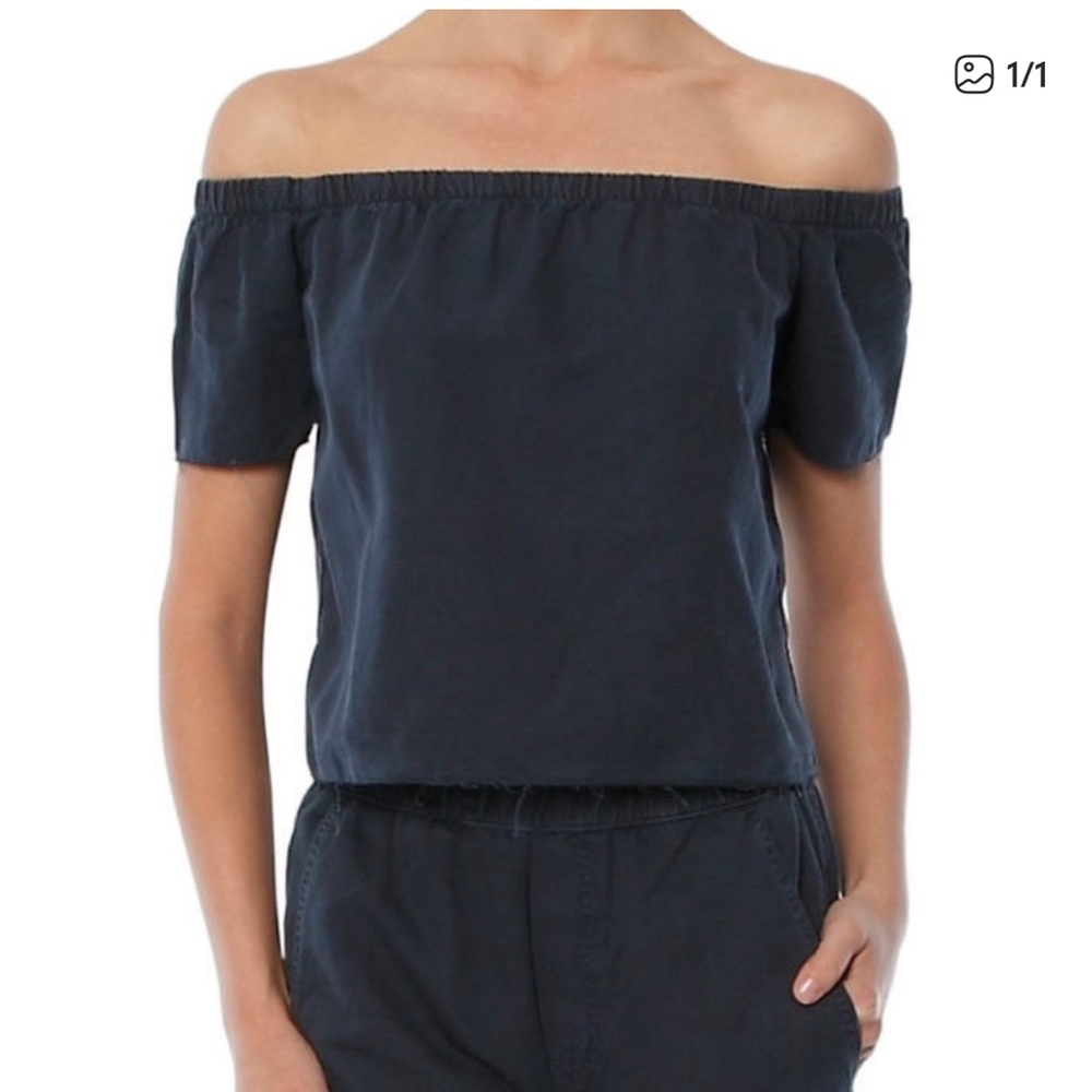 MOTHER The Cold Shoulder Fray Top in Shadow Blue
